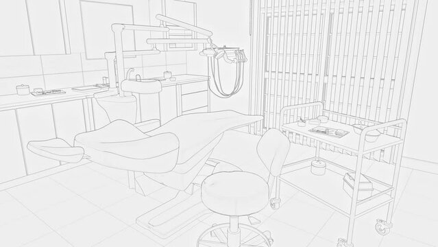 Black and white hand drawn sketch of empty interior dentist clinic office with dental unit - comfortable chair and medical tools, dentistry surgery with modern equipment. Concept drawing 3D animation.