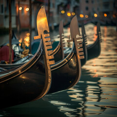 Venetian Gondolas at Sunset - Romantic Canal Scene in Venice, Italy
