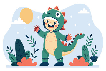 Naklejka premium A joyful kid in a dinosaur outfit waves under the sunshine