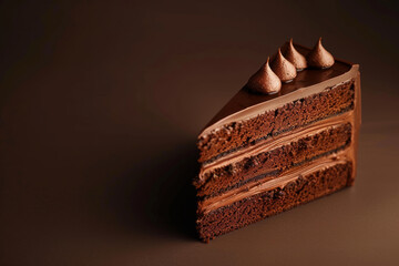 Slice of rich chocolate cake with creamy frosting, set on a light brown background