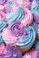 Close-up of vibrant cupcake frostings in pastel colors, perfect for dessert backgrounds