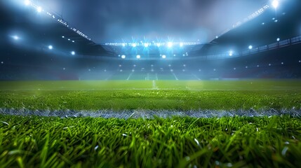 Football stadium arena for match with spotlight. Soccer sport background, green grass field for...