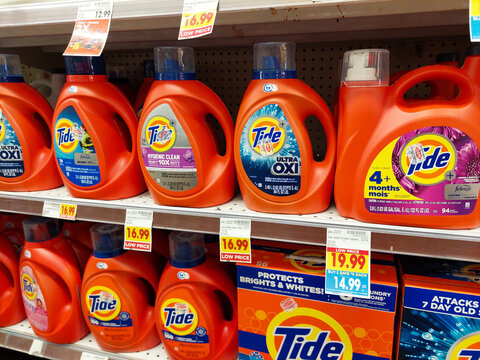 Los Angeles, California &ndash; May 9, 2024: TIDE Detergent bottles on a shelf in a supermarket. Tide is a laundry detergent manufactured by Procter and Gamble