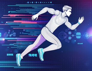 A dynamic image of a stylized runner racing through a neon-lit digital environment, conveying speed and innovation