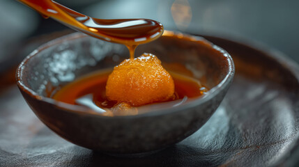 Gourmet Orange Gel Sphere in Golden Syrup, Textured Ceramic Bowl