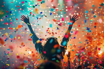 Vibrant celebration scene with a person amidst confetti under a colorful sky