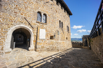 City of Gorizia, Castel on top the hill, wall and fortification, cannons. Panorama whole city. The beautiful streets and the castle behind them are a trace of history. Cultural Heritage Capital 2025.