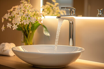 A closeup shot shows the faucet in front, with water flowing from it into an elegant white ceramic sink sitting on top of a wooden countertop. The scene is illuminated by soft light.