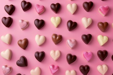 Assorted heart-shaped chocolates on a pink background.