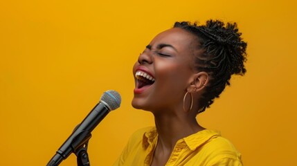 brunette woman with a microphone singing on bright yellow background in high resolution and quality