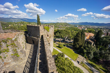 City of Gorizia, Castel on top the hill, wall and fortification, cannons. Panorama whole city. The beautiful streets and the castle behind them are a trace of history. Cultural Heritage Capital 2025.