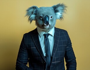 Stylish koala in a business suit on a yellow background