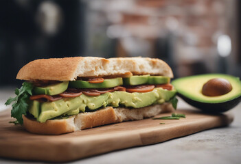 vegan sandwich with avocado in front of brick wall kitchen, copy space for a text 
