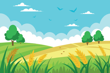 Obraz premium Green field with various trees and birds flying in the sky on a sunny day