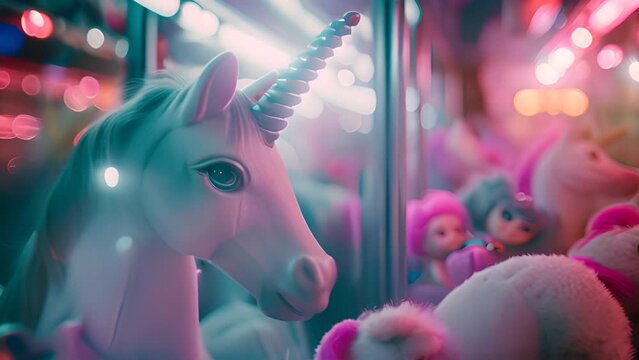 Magical Unicorn Toy in a Colorful Neon Arcade with Ai generated.
