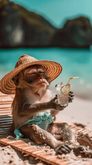 A monkey in human clothes lies on a sunbathe on the beach, on a sun lounger, under a bright sun umbrella