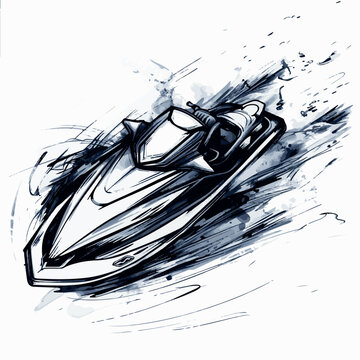jet ski sketch, black and white, speeding clip art preview