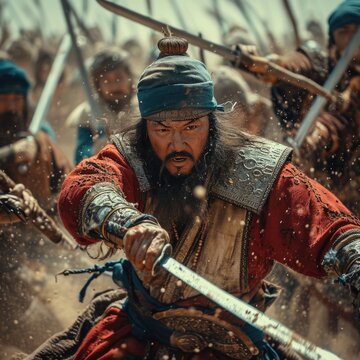 Tatar Mongols: nomadic warriors and conquerors, cultural legacy, military prowess, Eurasian steppes strength, traditional attire, resilience and the spirit of the historic nomadic lifestyle.