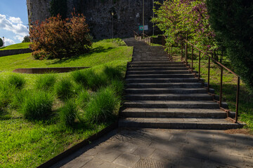 City of Gorizia, Castel on top the hill, wall and fortification, cannons. Panorama whole city. The beautiful streets and the castle behind them are a trace of history. Cultural Heritage Capital 2025.