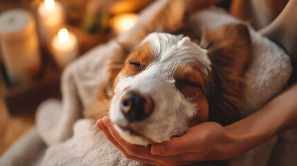 A dog is lying on a blanket next to a fireplace