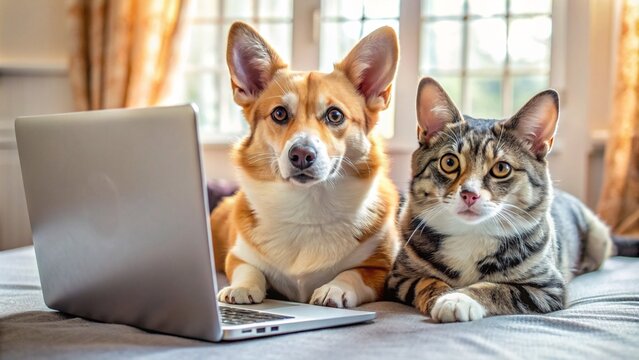 there is a cat that is laying on a laptop on the bed, catnet, corgi and cat fixing the website, typing on laptop, sitting at desk at keyboard, using his desktop pc, sitting at a computer