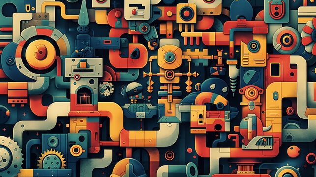 The image is a colorful abstract illustration of a complex system of pipes, valves, and gears
