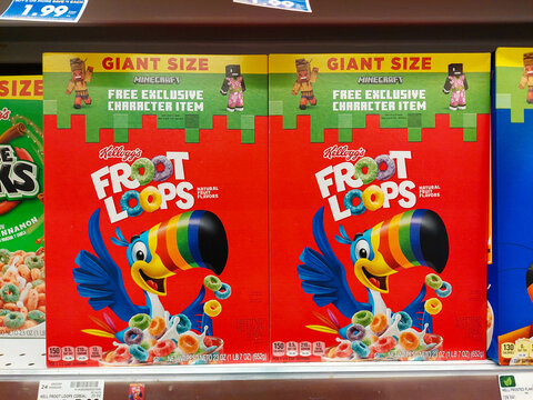 Los Angeles, California &ndash; May 9, 2024: Kellogg's FROOT LOOPS Cereals on a shelf in a supermarket. Froot Loops is a brand of Kellanova, American multinational food manufacturing 