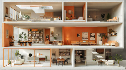 A cross-section of a modern dollhouse with a living room, dining room, kitchen, and bedroom