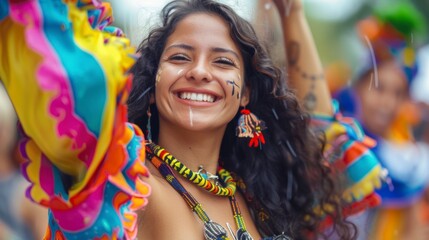 Beautiful Latin woman at a festival dancing during the day in high resolution and high quality....