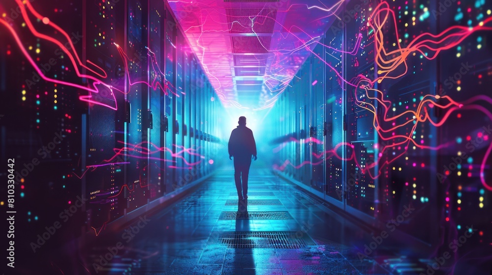 Poster man standing in server room of large data center. computer engineering and big data concept