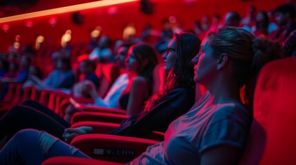 A group of people sitting in red chairs in a cinema hall. They are all watching a documentary. They are enjoying the movie and are learning about a new topic. 
