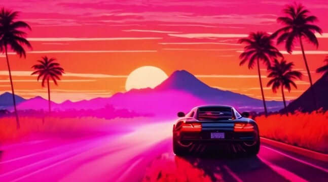 synthwave sunset scenery a supercar driving down the road on an orange sunset waves mountains palm trees miami 80s summer vibes golden time