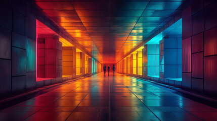 The image shows a long, brightly lit hallway with three figures walking away from the camera. The walls are lined with colorful lights, and the floor is reflecting the light.