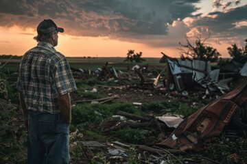 A farmer stares at his garden destroyed by a tornado, realizing that his crops were gone in an instant., Dramatic, 