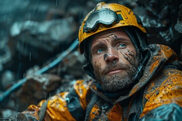 Fototapeta premium A miner trapped inside a collapsed mine, weak body, rocks in the background of the mine