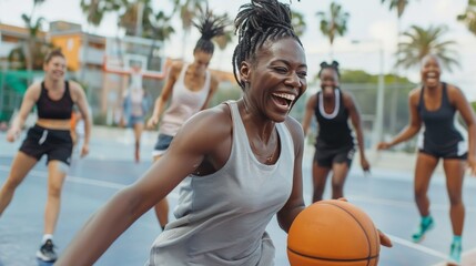 A group of women playing basketball on a court, their bodies moving with grace and agility. They are all laughing and having fun, and the game is close.