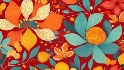 Vintage floral pattern illustration. Colorful organic nature design in seamless style. Spring season decoration with abstract flower art. sun-sunny colors on red background