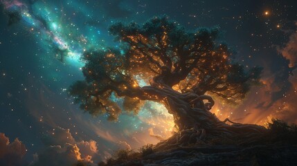 Fototapeta premium A beautiful illustration of the tree of life surrounded by heavenly nebulas of the galaxy. 