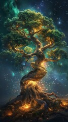Obraz premium A beautiful illustration of the tree of life surrounded by heavenly nebulas of the galaxy. 