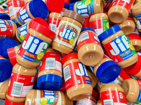 Los Angeles, California &ndash; May 9, 2024: JIF Peanut Butter Spread jars. JIF is a brand of The J.M. Smucker Company