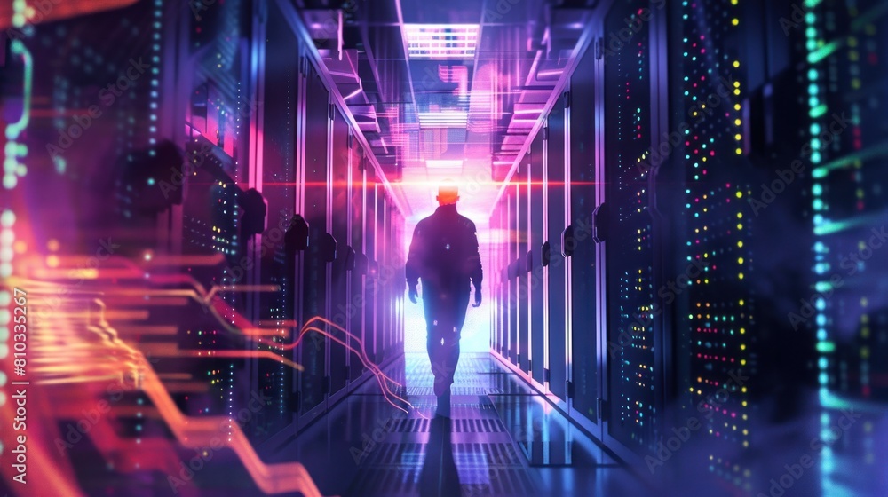 Poster man standing in server room of large data center. computer engineering and big data concept