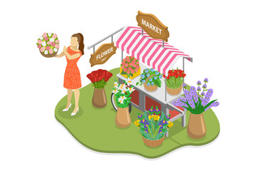 3D Isometric Flat  Illustration of Flower Market, Small Business of Florist