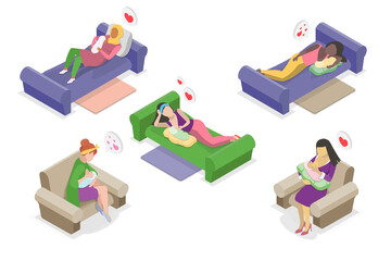 3D Isometric Flat  Illustration of Breastfeeding Positions, Mother Feeding Baby with Breast