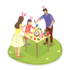 3D Isometric Flat  Illustration of Easter Painting Egg, Family Leisure Time