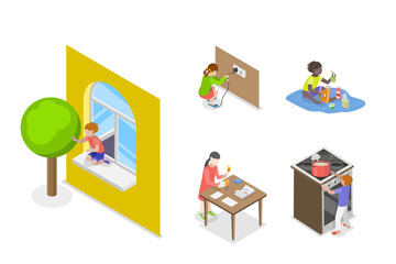3D Isometric Flat  Illustration of Dangerous Situations With Kids, Children Risks and Safety