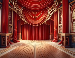 Theatre curtains in 3D with red color and movie or stage design