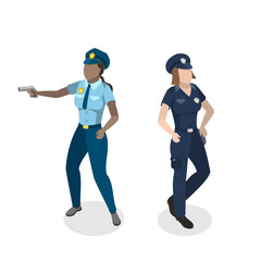 3D Isometric Flat Illustration of Female Police Officer, Policewoman or Guard