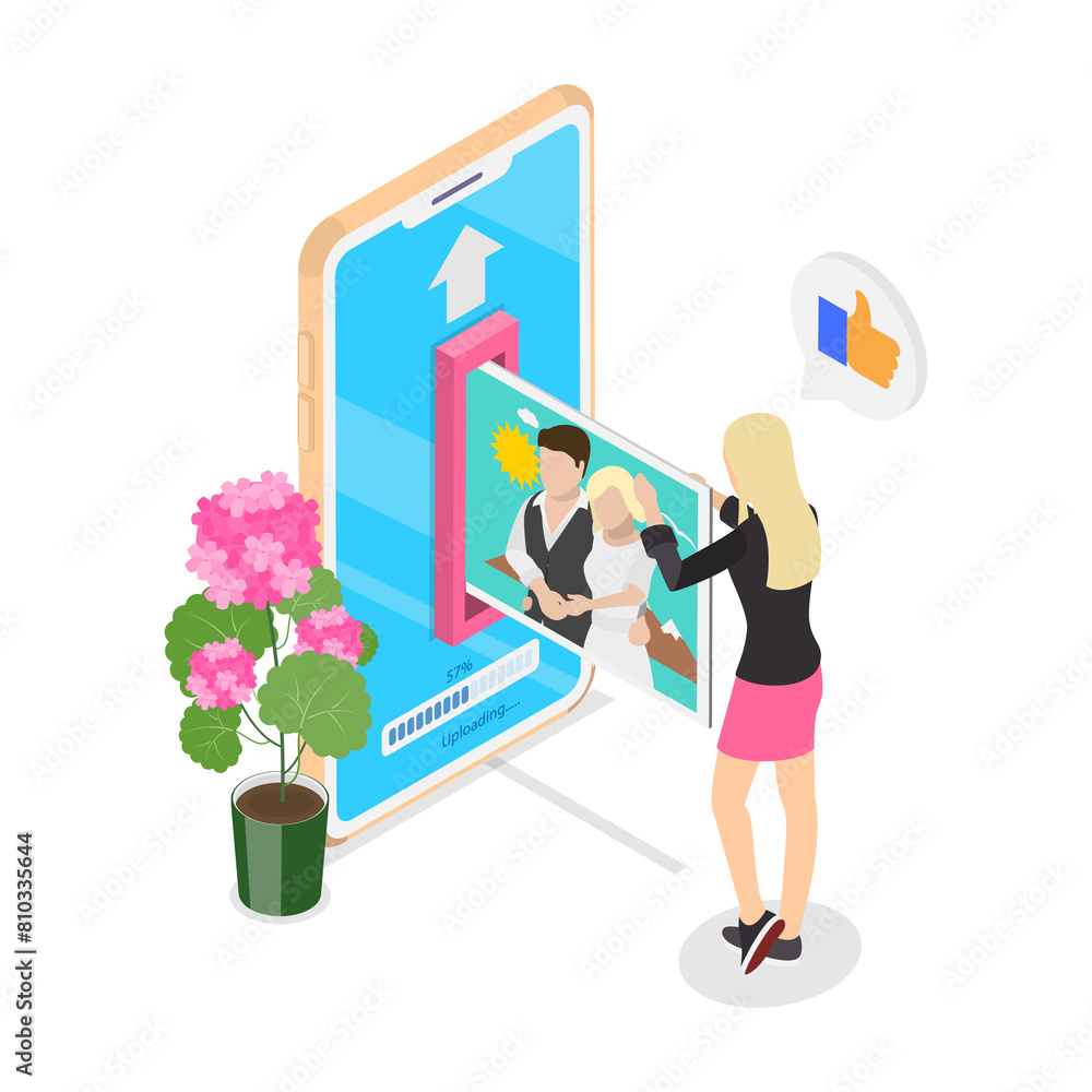 Poster 3d isometric flat illustration of uploading a photo on a smartphone., cloud file transfering and sto