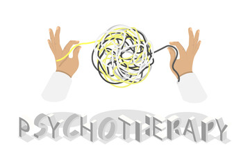 3D Isometric Flat  Illustration of Psychotherapy, Help with Depressive Disorders