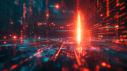 Fototapeta premium The image is a glowing red and blue circuit board with a bright light at the end of the path.